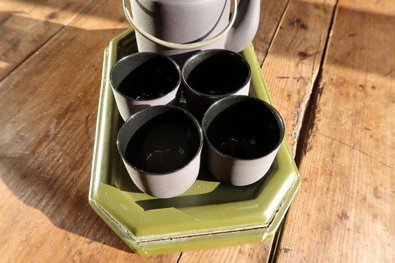 Image 1 of Vintage 1970s Vietnamese Ceramic Tea Set with Lacquered Tray, Hanoi – Minimalist - 2C30