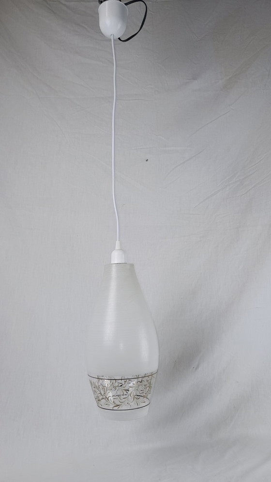 Image 1 of Lampada a sospensione da soffitto LUNEL Lanterna testurizzata in vetro bianco, stile vintage di metà secolo