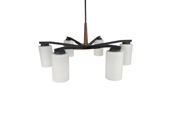 Image 1 of Vintage - Denmark - 6-armed ceiling lamp - teak - metal - opal glass - 60's