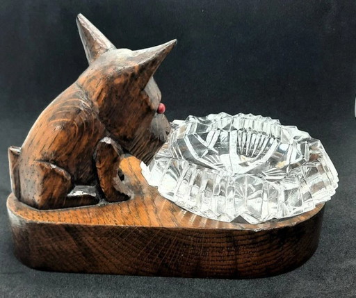 Posacenere vintage in legno intagliato a forma di cane e cristallo della Foresta Nera – Foresta Nera