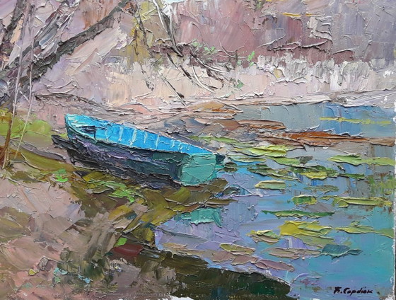Original Oil Painting Nature Landscape Forest River Blue Boat – Paintings & Drawings, Canvas (photo 5 of 8)