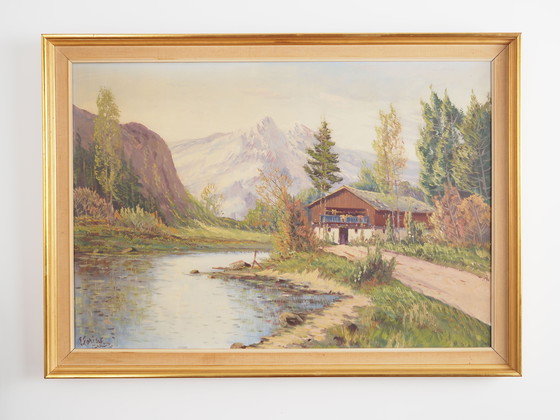 Image 1 of Peinture "Le chalet au bord d'un ruisseau", design scandinave, années 1970