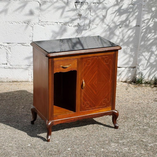 Antieke Franse art-deco console met marqueterie, houten kast met glazen blad, jaren 30 – ladekasten, Glass