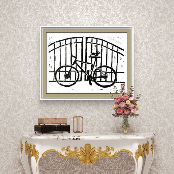 Image 1 of Stampa Linocut di biciclette d'epoca - A4 Arte da parete in bianco e nero
