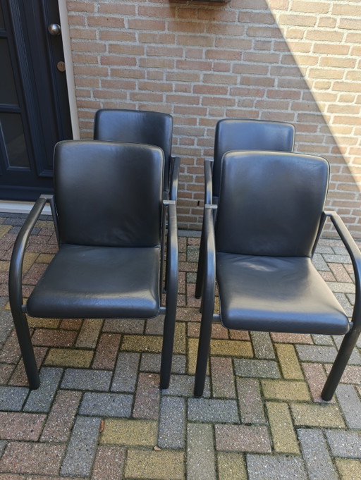 4 Leolux Cimaronne Sedie da pranzo in pelle grigia – eetkamerstoelen, Leather, Metal