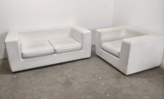 Tweezitsbank en fauteuil set, wit leer, 2 zitsbanken, Modern (foto 2 van 6)