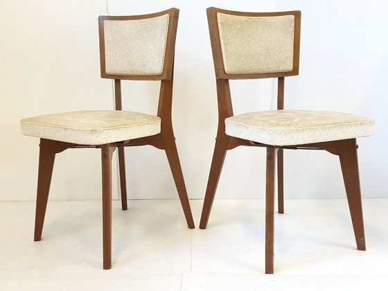 Image 1 of SUITE DE 3 CHAISES VINTAGE BOIS & SKAI 1950 VINTAGE 50S 50'S ANNEES 50