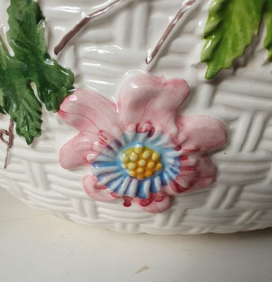 Image 1 of Antique majolica ceramic basket with flowers - hand-painted
