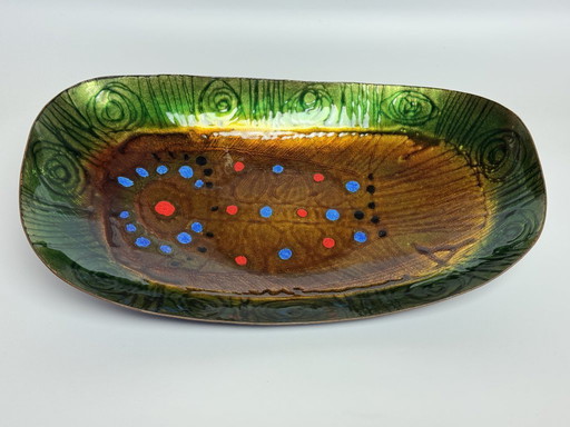 Large mid-century Italian Copper Bowl with Bright Enamel Decorations in warm and vibrant colors by Studio Laurana, Pesaro Italy