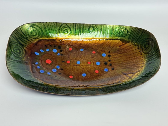 Image 1 of Large mid-century Italian Copper Bowl with Bright Enamel Decorations in warm and vibrant colors by Studio Laurana, Pesaro Italy