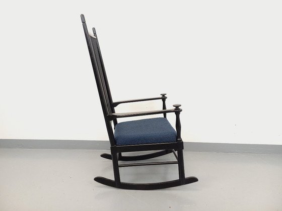 Image 1 of Fauteuil rocking-chair suédois de Karl Axel Adolfsson pour Gemla vintage en bois noir et tissu bouclette des années 50 60