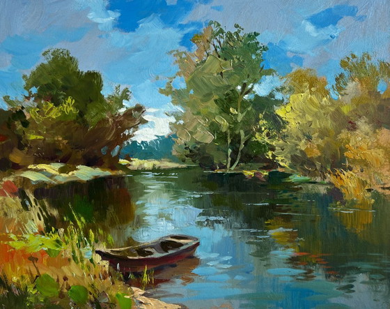 Image 1 of Original Oil Painting Summer River Landscape Boat in green reflections