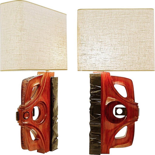 Pair of vintage carved table lamps by Gianni Pinna, Italy 1970s