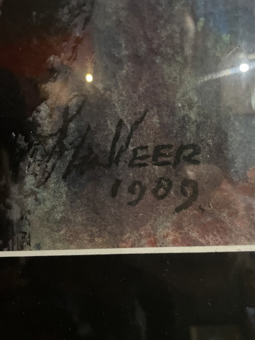 Large work by artist Veer 1989 Haarlem abstract and nude female signed same as the 2 small works from the inheritance