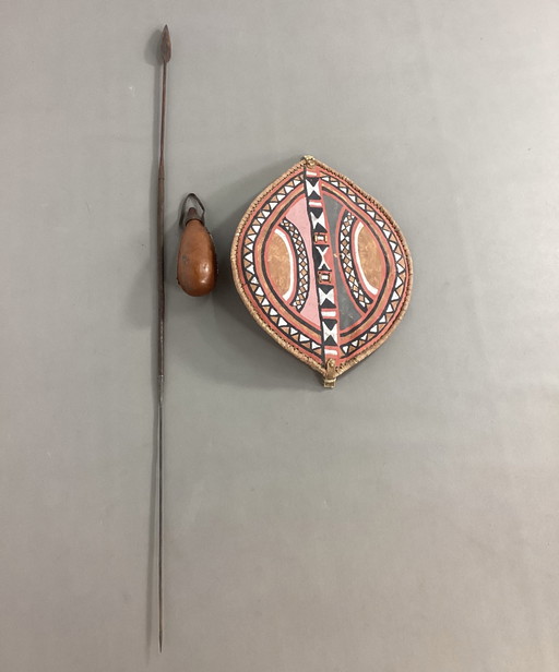 Vintage Masai Kenya Africa shield drinking bottles and spear