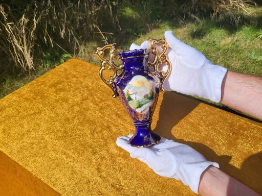 Vintage Portugese ELPA Alcobaça Kobaltblauwe Vaas met Verguld Handvat • Zeldzaam