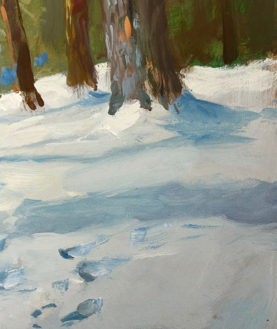 Image 1 of Original Oil Painting Winter Forest Landscape Walking through the snowy forest