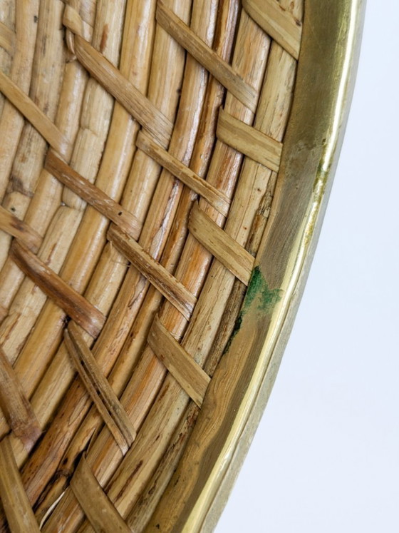 Image 1 of Vintage Rattan Brass Bowl Gabriella Crespi Style 1970s Handwoven Fruit Basket