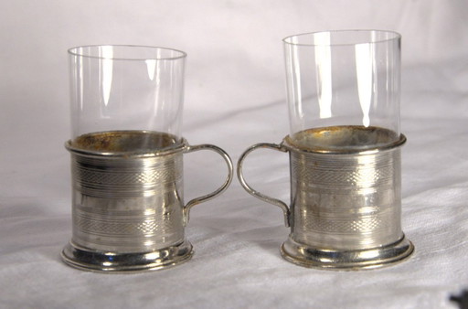 2 antike Teegläser mit Metallrand und Henkeln, 5 x 7 cm – tafelwaar, Glass (photo 2 of 5)