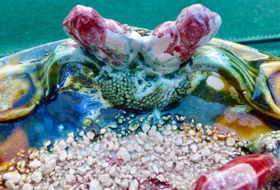 Image 1 of Assiette de collection vintage en faïence de style Palissy, ornée d'un crabe.