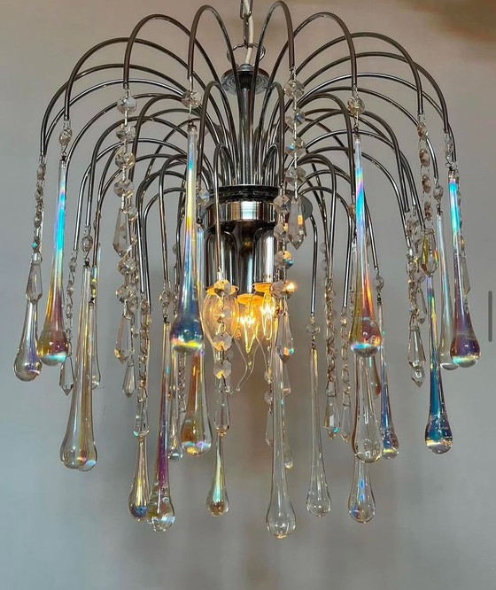 Image 1 of 2X Opaline Chrome Teardrop Chandeliers Lampes pendantes