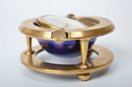 Image 1 of Astronomical Zodiac Clock / Brass & Celestial Blue Planet / 'Europa' 7 Jewels Desk Alarm Clock / Mid-Century Modern Vintage