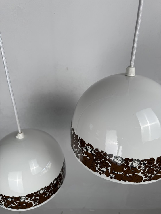 Image 1 of  Set of 2 Enamel Pendant Lamps by Kaj Franck for Fog & Mørup – “Tanssi” Folklore Design cm ⭐️ Designed by Kaj Franck for Fog & M