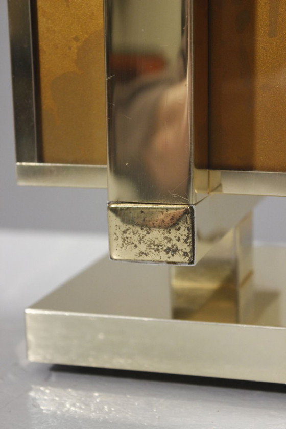 Image 1 of Philippe Cheverny - Grote messing lampvoet met omgekeerd beschilderd glas, Frankrijk, jaren 70