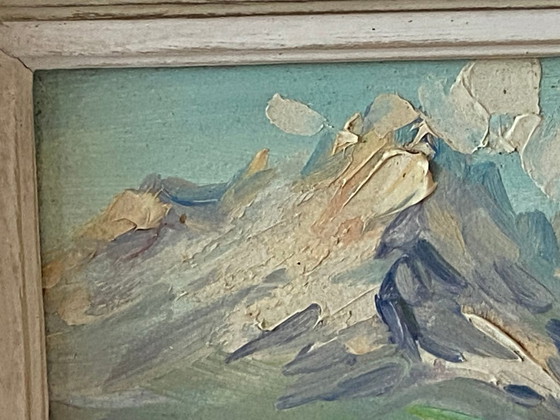 Image 1 of Dipinto ad olio d'epoca su pannello firmato CLAUDE SARGUE Paesaggio montano