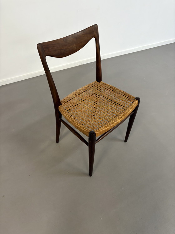Image 1 of Set van 5 Deense palissanderhouten eetkamerstoelen met rotan uit 1960