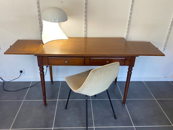 Image 1 of Bureau ancien merisier et marqueterie 2 tiroirs et 2 tablettes 112x60 h76cm