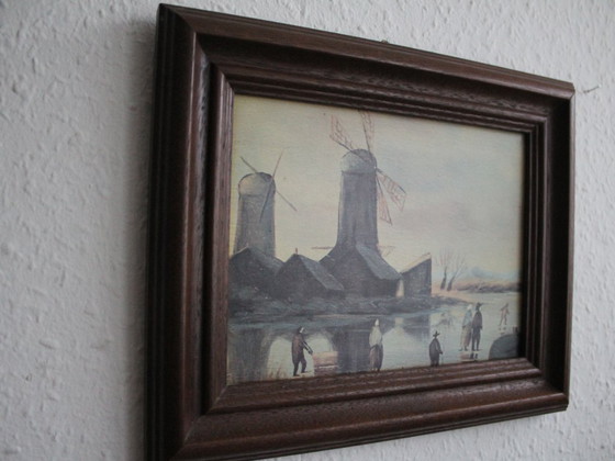 Image 1 of Kleines stimmungsvolles Bild im Massivholzrahmen, Motiv Windmühlen im Winter, unsigniert, Druck, ca. 1960