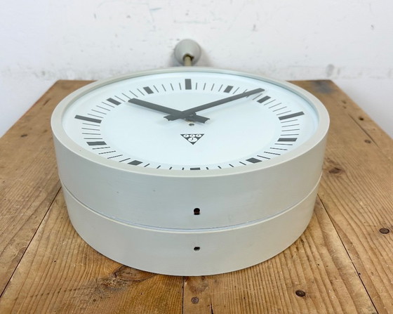 Image 1 of Grey Industrial Bakelite Double Sided Factory Clock from Pragotron, 1980s