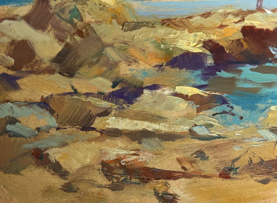 Image 1 of Original Oil Painting Coastal Landscape Admire the sunset at sea