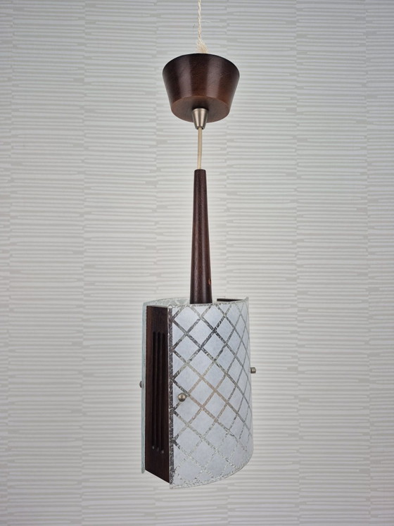 Mid-Century Pendant lamp in teak and embossed glass. Vintage lamp., Wood, Brown (photo 5 of 14)