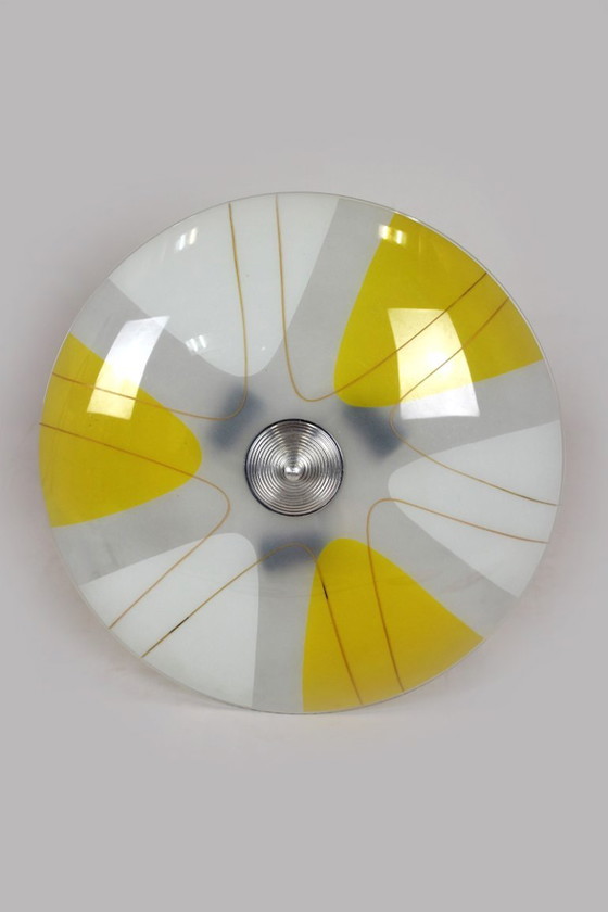 Image 1 of Tschechische Glas-Pendelleuchten aus der Mitte des 20. Jahrhunderts mit geometrischem und farbenfrohem Dekor, 1970er Jahre, 6er-