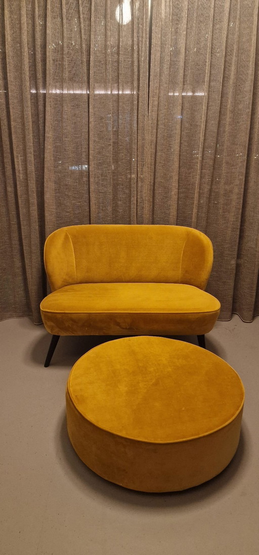 Yellow Velvet Bench (Sara) And Footstool/Hocker From Woood