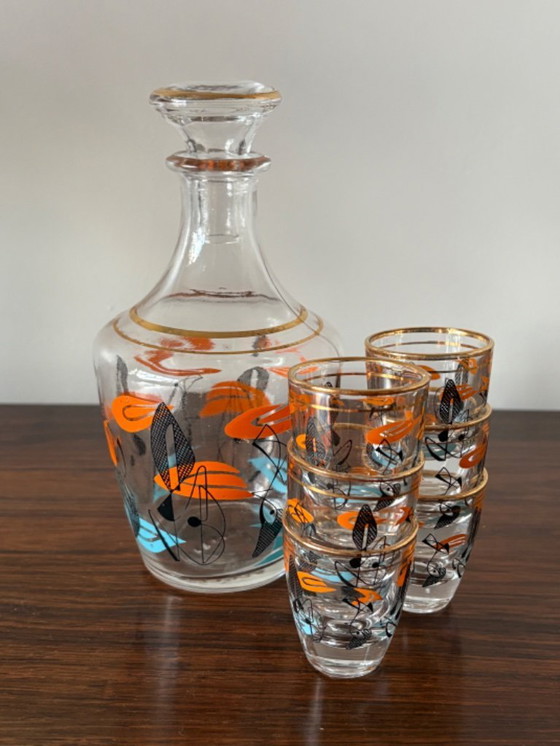 Image 1 of Magnifique ensemble de carafe à liqueur de style atomique des années 1960