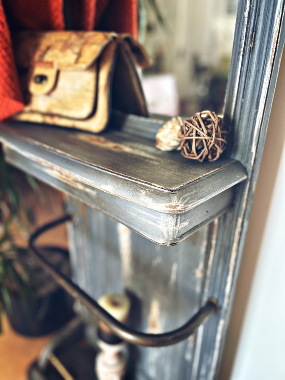 Old entrance coat rack patinated blue-grey with mirror, Vintage charm, Shelving unit, Wood (photo 13 of 15)
