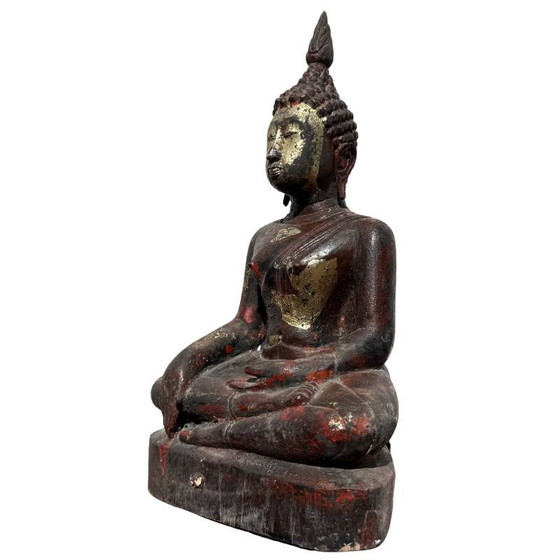 Antique Burmese Buddha - Teak Wood & Gold Leaf - 29cm – Sculpture (photo 8 of 12)