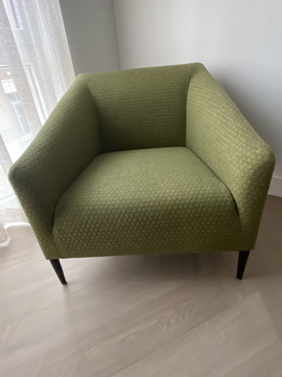 Image 1 of Sijben armchair in moss green fabric with matte black steel legs.
