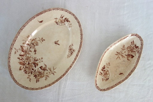 2 plats de service Terre De Fer Gien modèle Mai vers 1900