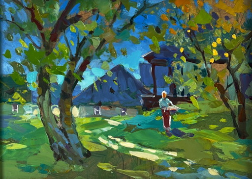Pintura al Óleo Original Naturaleza Paisaje de Verano Cerca de las Casas del Pueblo