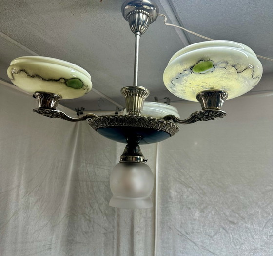 Antique Art Deco Style Pendant Lamp Chandelier with Marbled Opal Glass, Ceiling lights, Metal, Black (photo 10 of 14)