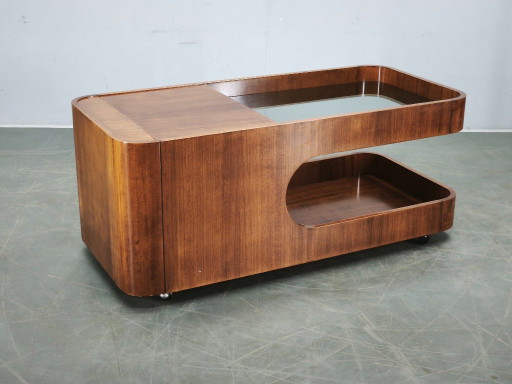 Carrello bar modernista italiano in legno e vetro fumé degli anni '70