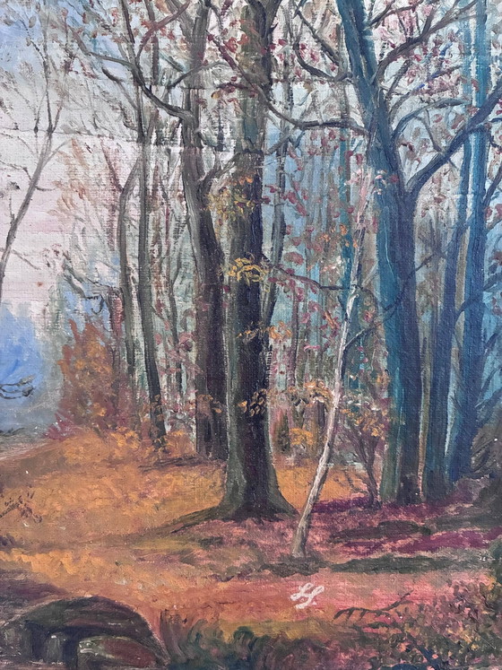Image 1 of Peinture à l'huile originale ancienne représentant un paysage forestier, vers 1910