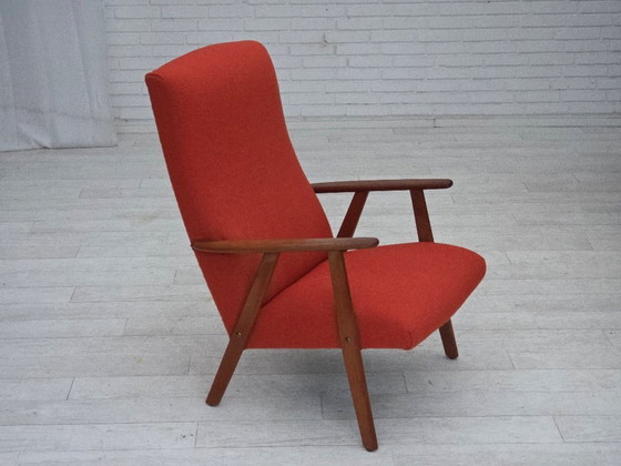Image 1 of Anni '70, poltrona danese con schienale alto, mobili in lana arancione, legno di teak, legno di quercia.