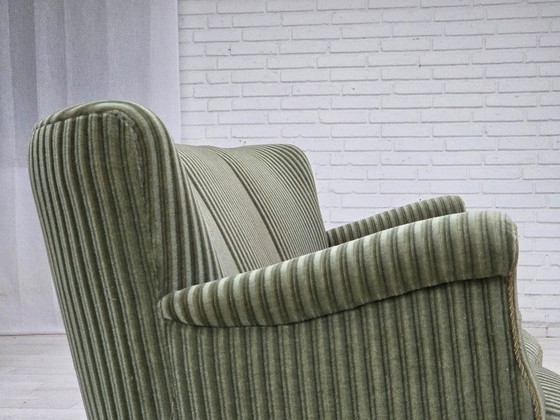 Image 1 of 1960s, Danish 3-seater sofa, original green furniture velour, oak wood.