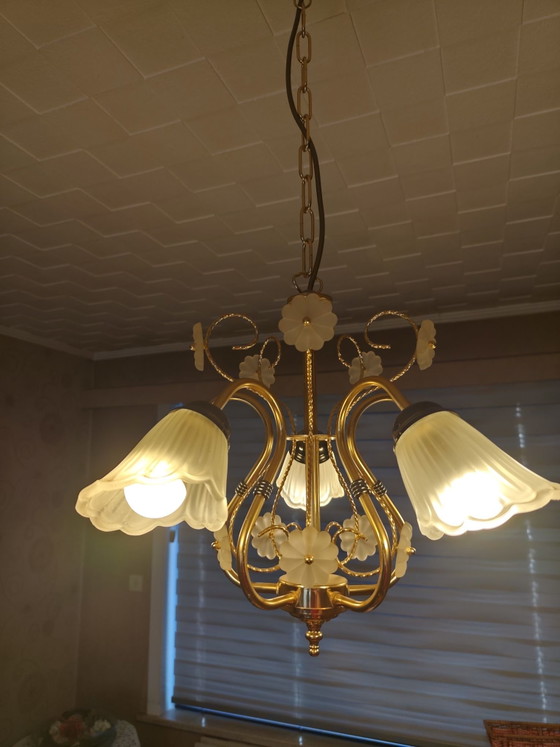Bellissimo lampadario vintage a 5 bracci – Illuminazione, Vetro, Metallo (photo 5 of 7)
