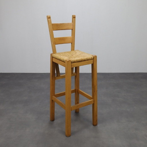 Set of 4 Bar Stools in Solid Oak and Rattan, 1970s